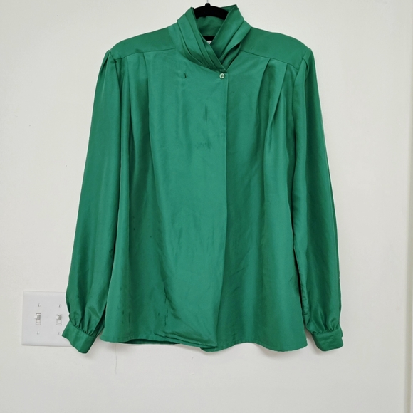 Vintage Susan Hutton Green Silky Blouse w/High Neckline - Picture 9 of 9